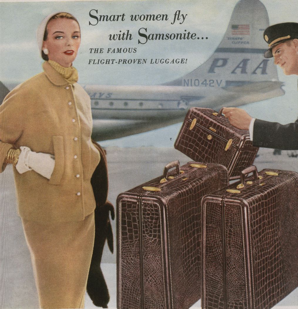 1953 a Samsonite ad with a Pan Am Boeing 377 in the background.